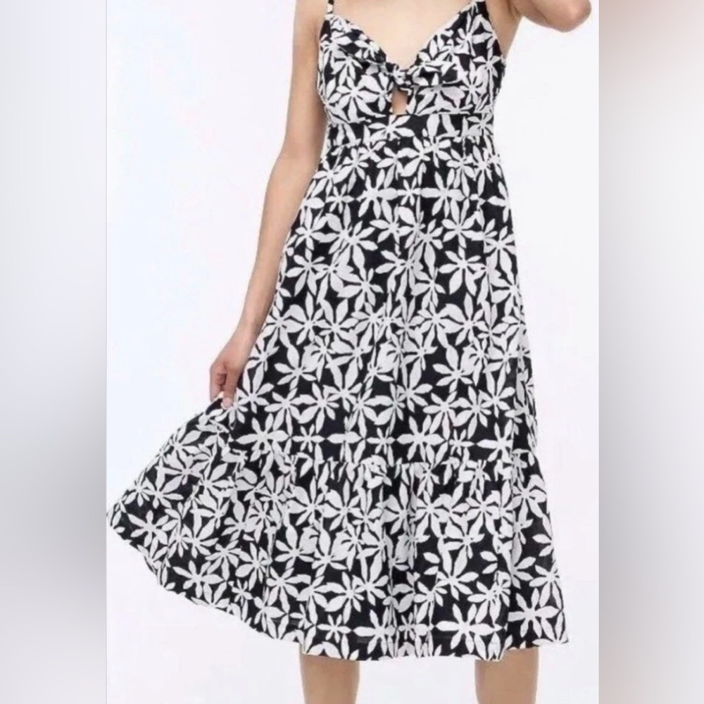 NWT J Crew Midi Dress 6 Tie Front Cutout Black Floral Sleeveless Sundress Tiered